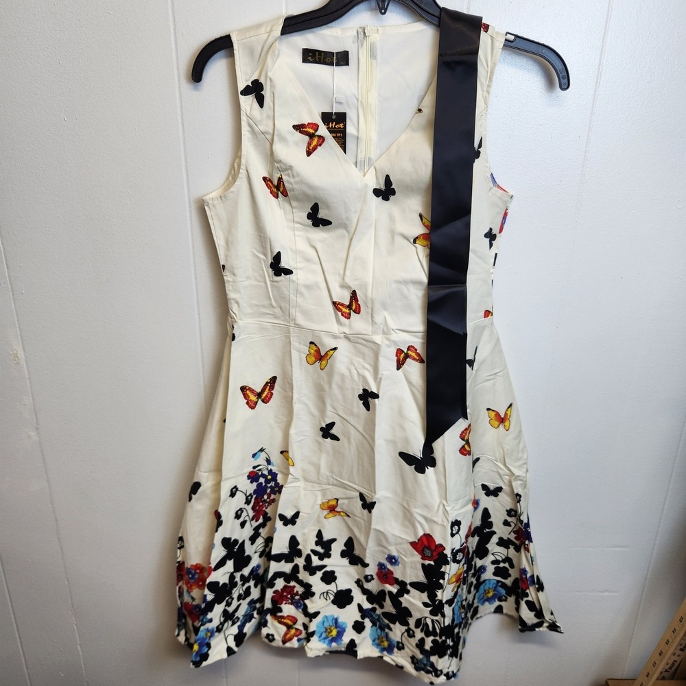 iHot Dress Womens XL White Butterfly Floral Print Party Tea Fit Flare Sleeveless